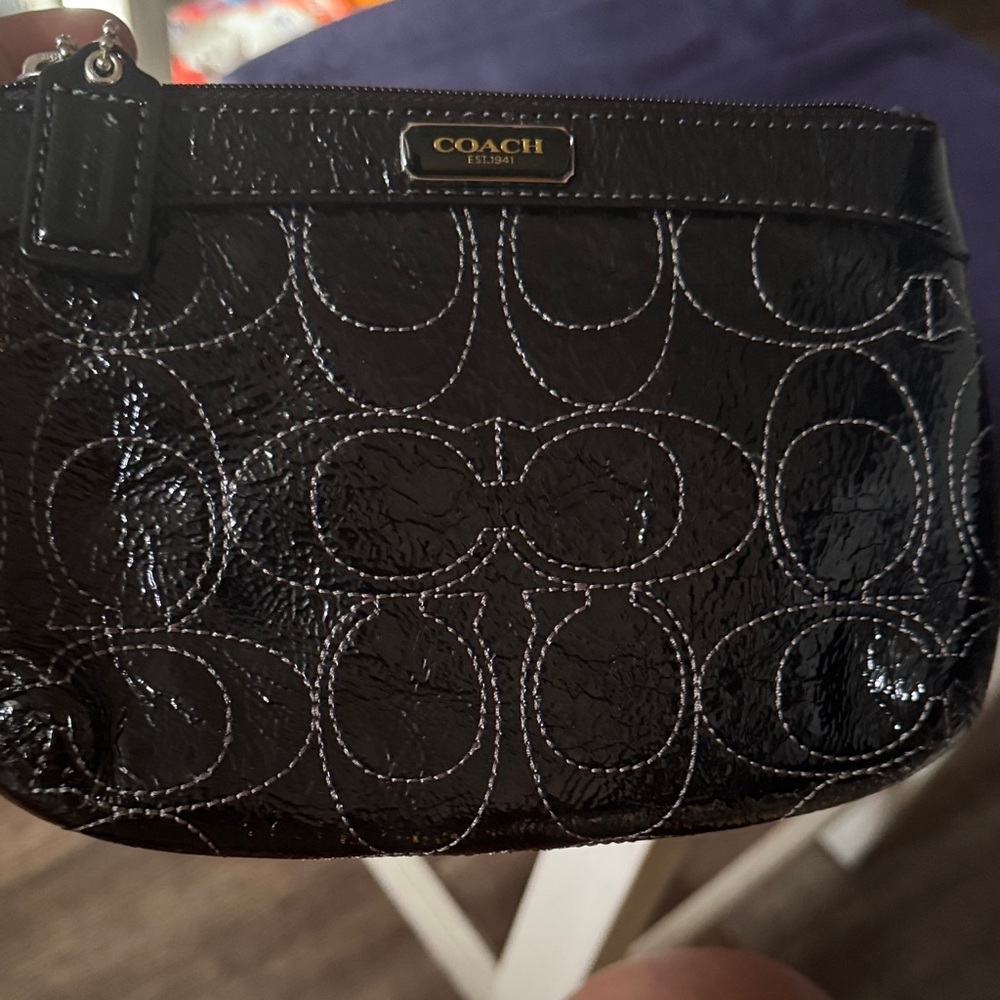 Coach Black Patent Signature Wristlet with Silver Plaque